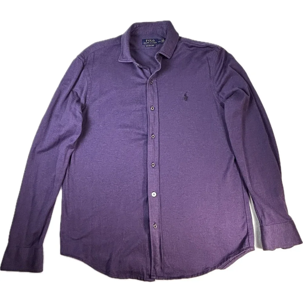 Polo Ralph Lauren Mens Purple Knit Dress Shirt Cotton Jersey Long Sleeve Large